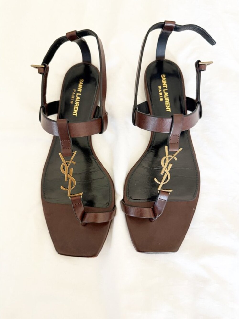 Saint Laurent Cassandra YSL Logo T Strap Toe Ring Sandal Brown Size 39.5 - Picture 6 of 16